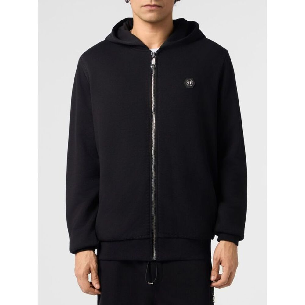 Philipp Plein Men Philipp Plein Zipped Cotton Hoodie With Hexagon Logo Patch